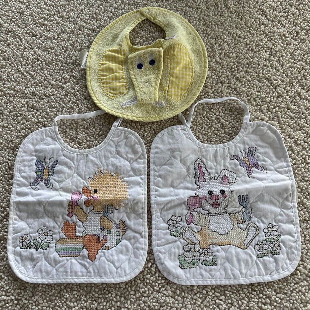 Set of 3 Vintage Bibs Baby Toddler Cross Stitch Snap on VTG 90s 60s